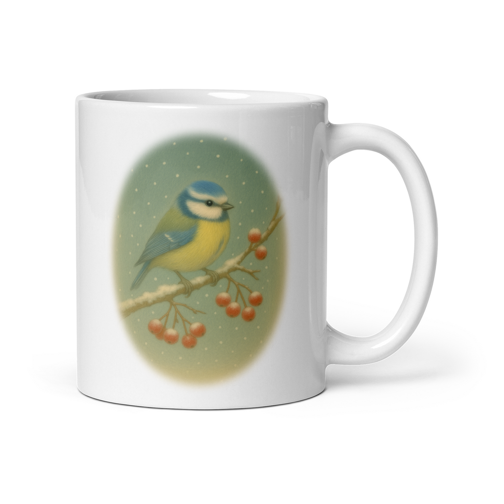 Winter Bird Mug, cosy coffee cup, woodland animal gift – “Blue Tit” Vintage Illustration