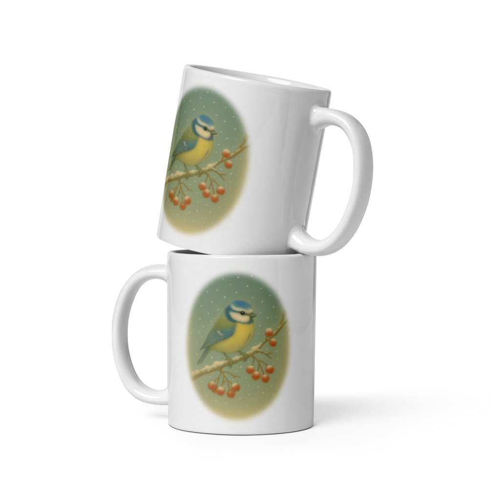 Winter Bird Mug, cosy coffee cup, woodland animal gift – “Blue Tit” Vintage Illustration
