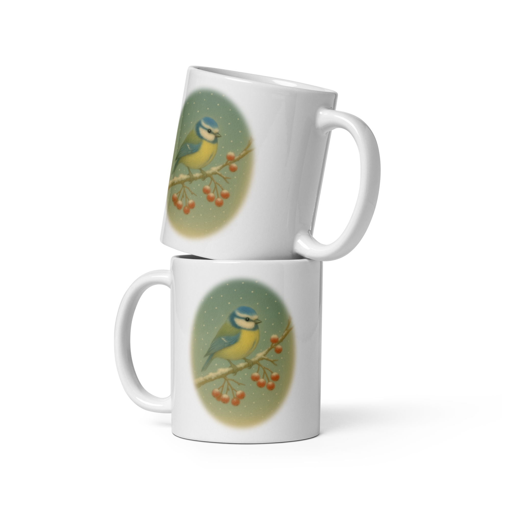 Winter Bird Mug, cosy coffee cup, woodland animal gift – “Blue Tit” Vintage Illustration