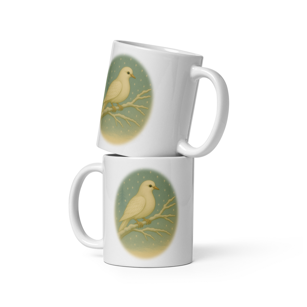 Winter Dove Mug, cosy coffee cup, peaceful Christmas gift – “White Dove” Vintage Illustration