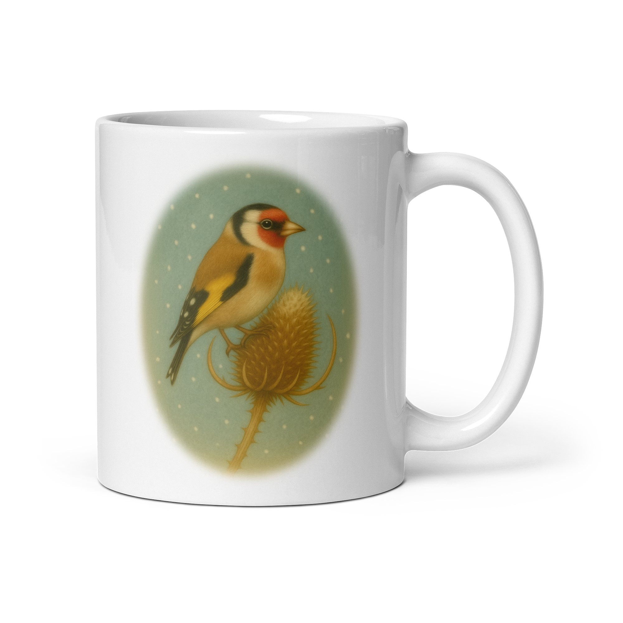 Goldfinch Mug, vintage bird coffee cup, cosy winter gift – “Goldfinch on Teasel” Illustration