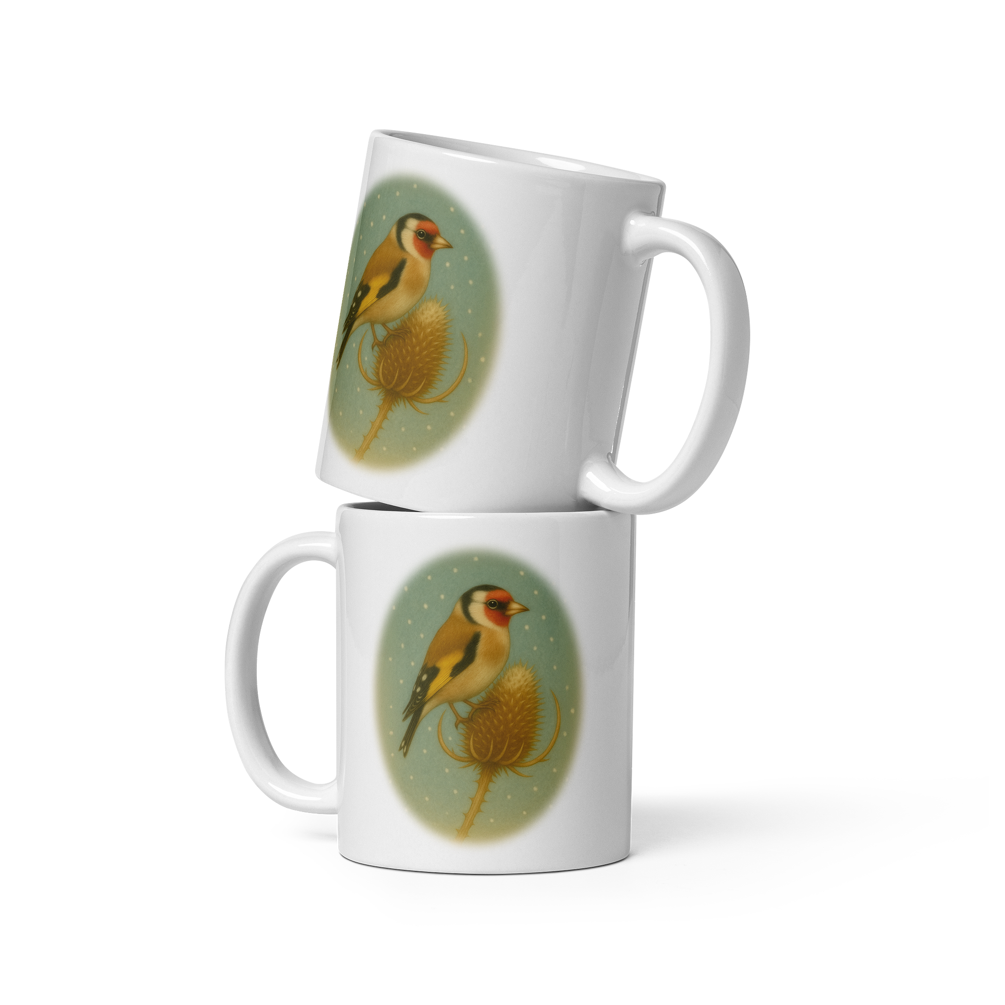 Goldfinch Mug, vintage bird coffee cup, cosy winter gift – “Goldfinch on Teasel” Illustration