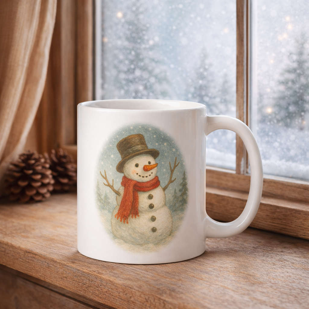 Festive Christmas coffee mug, vintage snowman tea cup, cozy winter gift – “Classic Snowman”