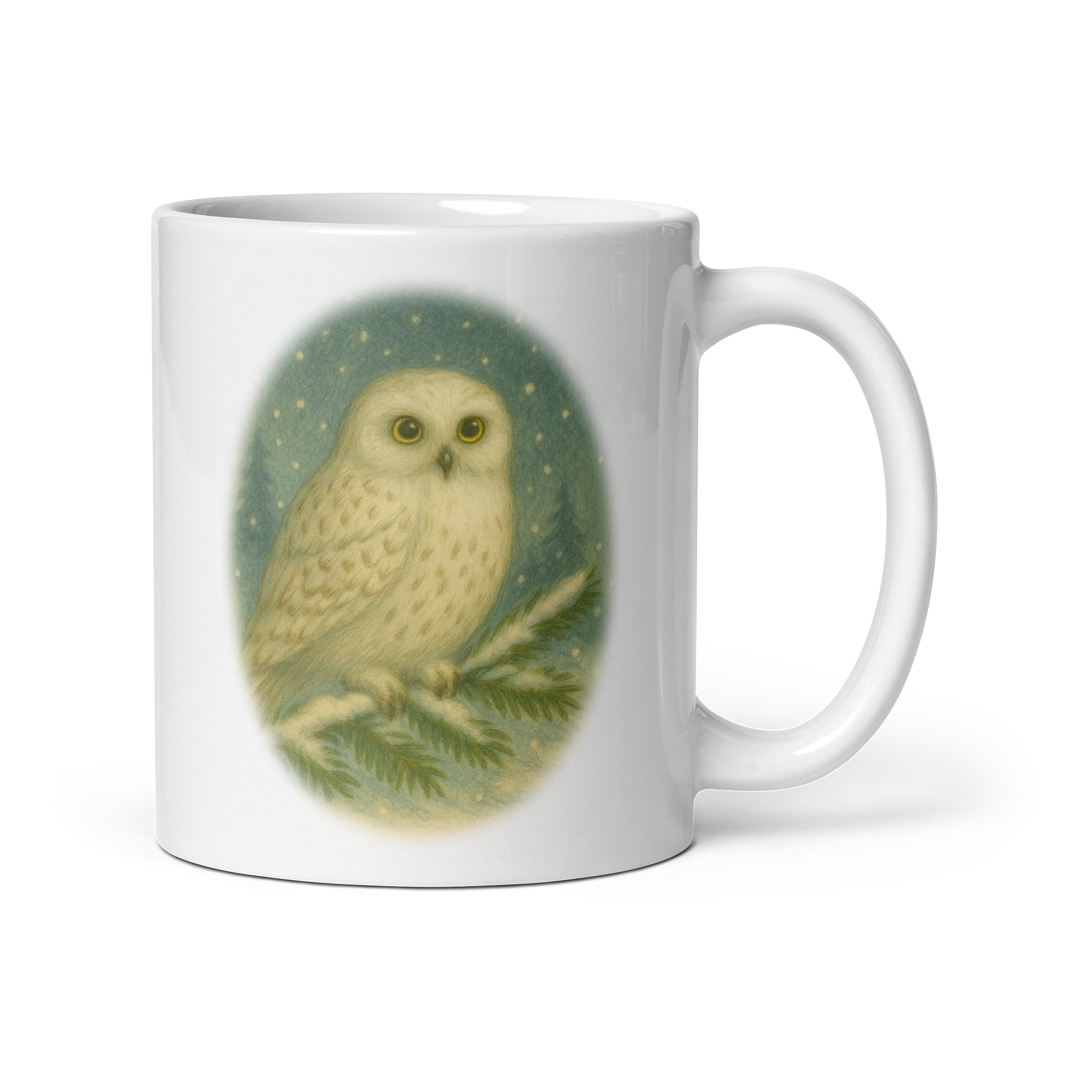 Winter Owl Mug, cosy coffee cup, woodland animal gift – “Snowy Owl” Vintage Illustration