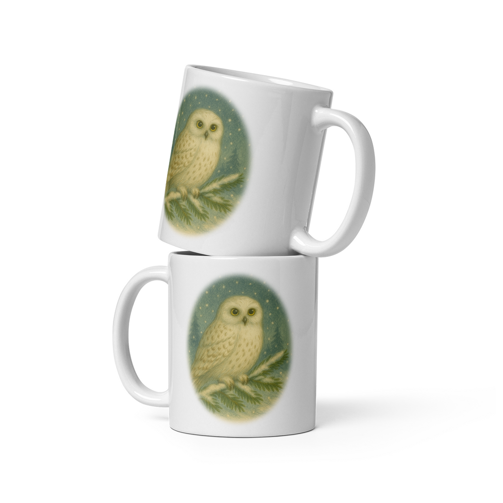 Winter Owl Mug, cosy coffee cup, woodland animal gift – “Snowy Owl” Vintage Illustration
